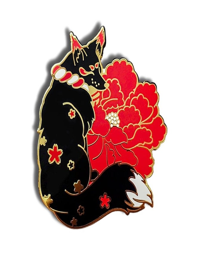 Untitled Black Kitsune Fox Red Flowers Japanese Enamel Pin Novelty Brooch Buttons Jewelry for Jackets Jeans Backpack Cloth Lapel Bag Hat Gift for Anime Lovers Men Women Girl Boy - Image 1